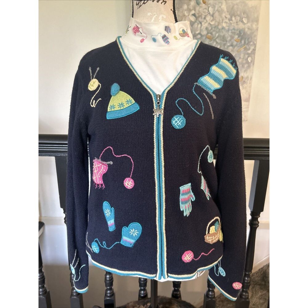 Christopher & Banks zip S Cardigan Sweater Hand Embroidered Knitting ‎ Xl Shell